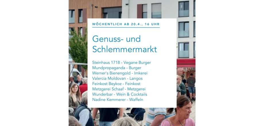 Nidderauer Genuss- und Schlemmermarkt ab 20.4. wöchentlich donnerstags ab 16 Uhr; Bild enthält auch Auflistung der Beschicker, diese ist ebenfalls im Text zu finden.