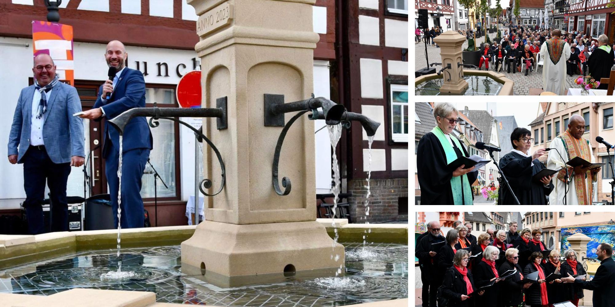 Collage aus 4 Fotos: Wasser beginnt auf Knopfdruck von Bürgermeister aus neuem Brunnen zu laufen, Chor, Pfarrer, Menge blickt auf den Brunnen