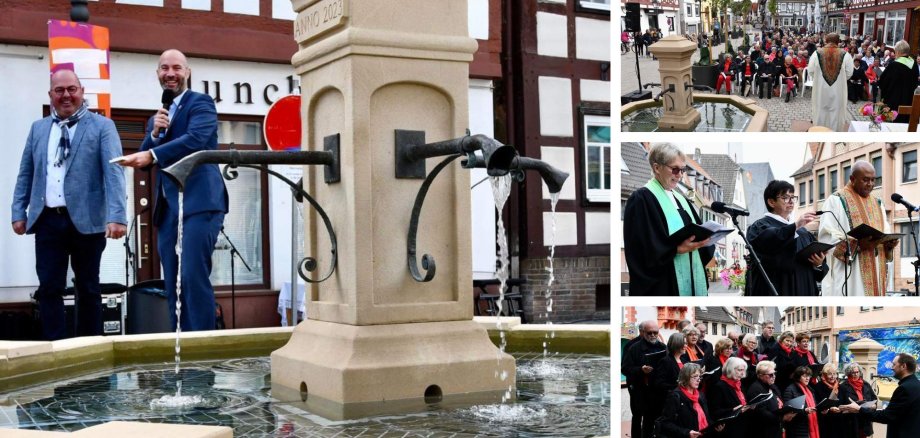 Collage aus 4 Fotos: Wasser beginnt auf Knopfdruck von Bürgermeister aus neuem Brunnen zu laufen, Chor, Pfarrer, Menge blickt auf den Brunnen