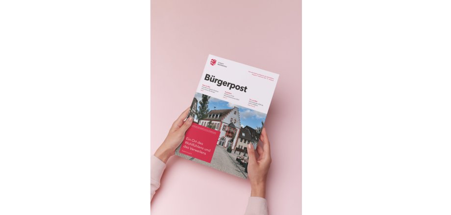 Magazin gehalten von zwei Händen auf rosa Hintergrund