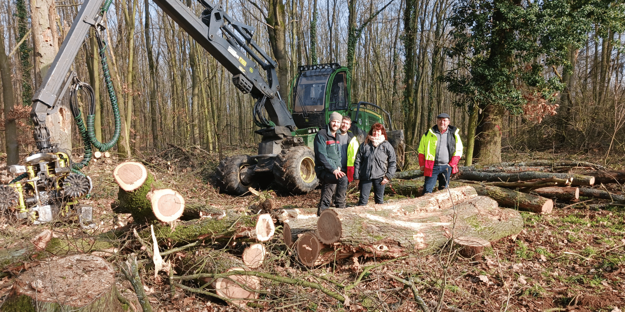 Traktor im Wald hinter gefällten Baumstämmen  und mit 4 Personen stehend