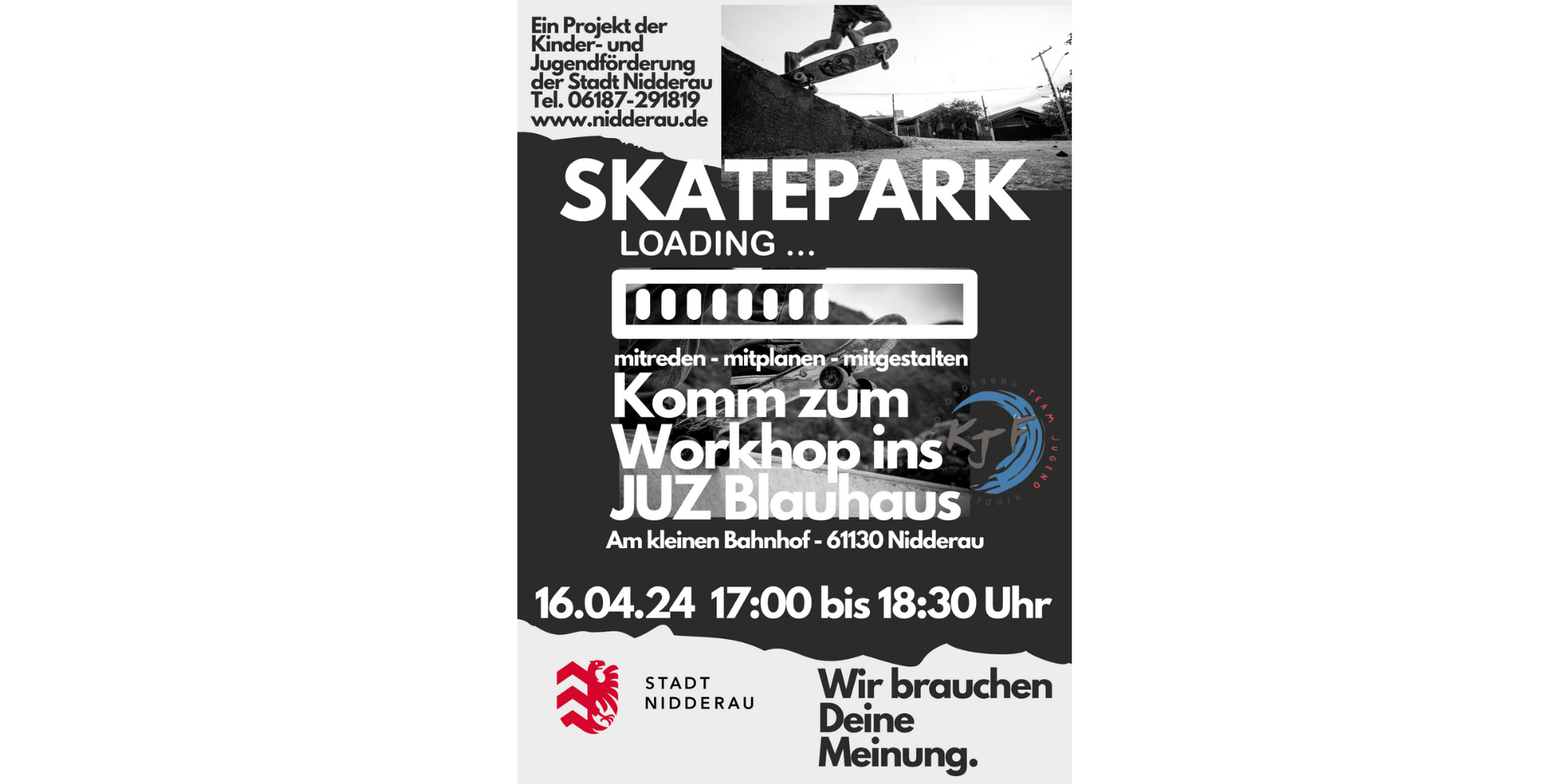 Schwarzer Flyer mit weißer Schrift "Skatepark"