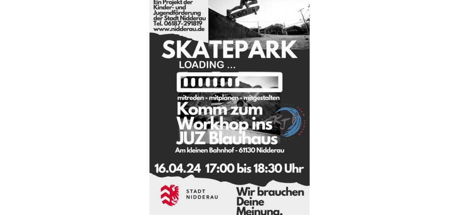 Schwarzer Flyer mit weißer Schrift "Skatepark"