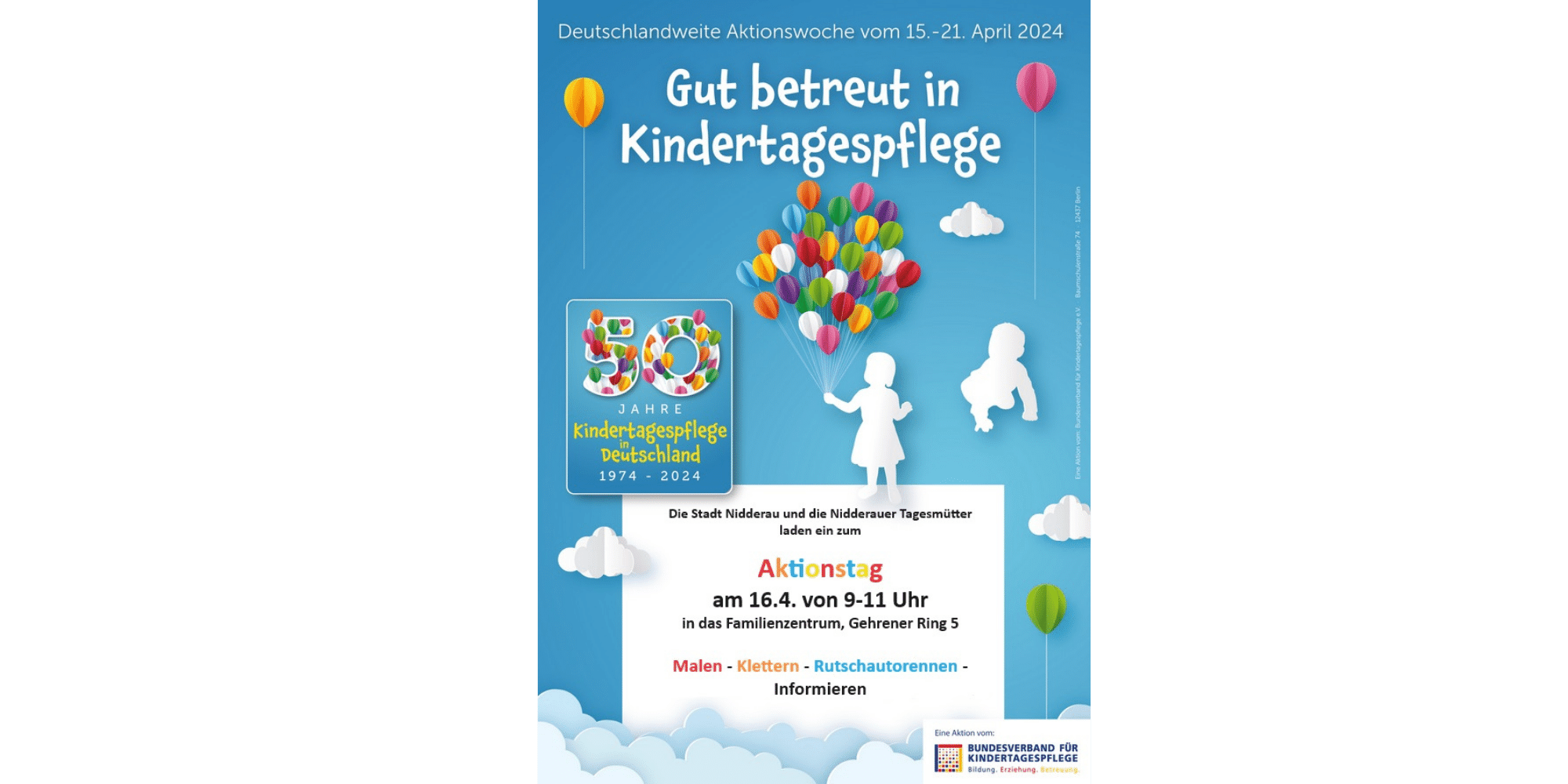 Blaues Plakat  mit einem weiß gezeichneten Mädchen, welches viele bunte Luftballons hält
