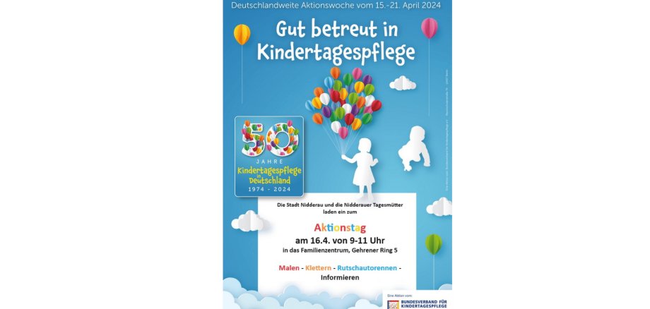 Blaues Plakat  mit einem weiß gezeichneten Mädchen, welches viele bunte Luftballons hält