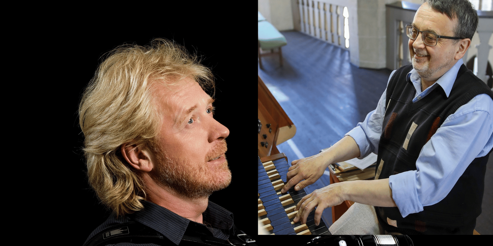 Ein Mann stehend mit einem Akkordeon und ein Mann sitzend an einer Orgel