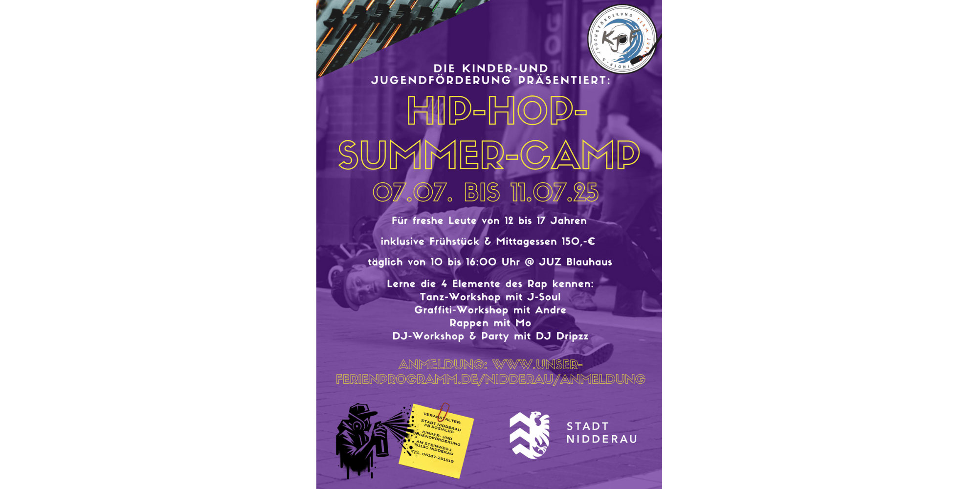 Plakat der Kinder- und Jugendförderung zum angebotenen Hip Hop Summer Camp vom  07. - 11.07.2025