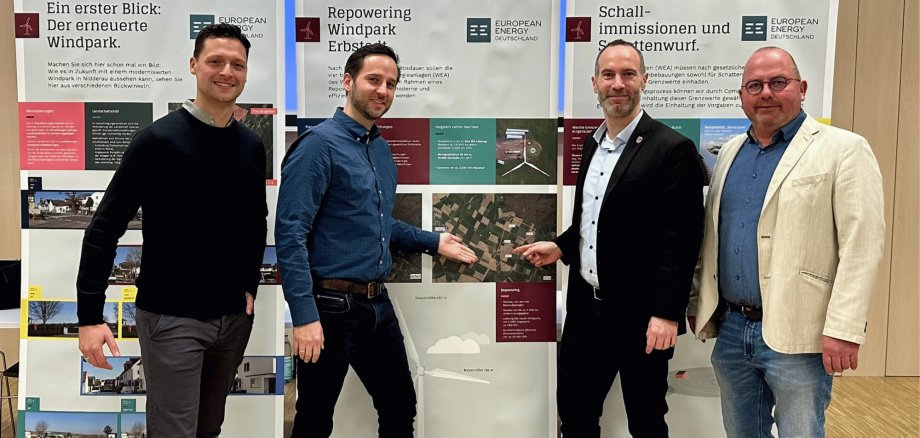 4 Männer stehend vor Roll-up-Banner zum Windpark