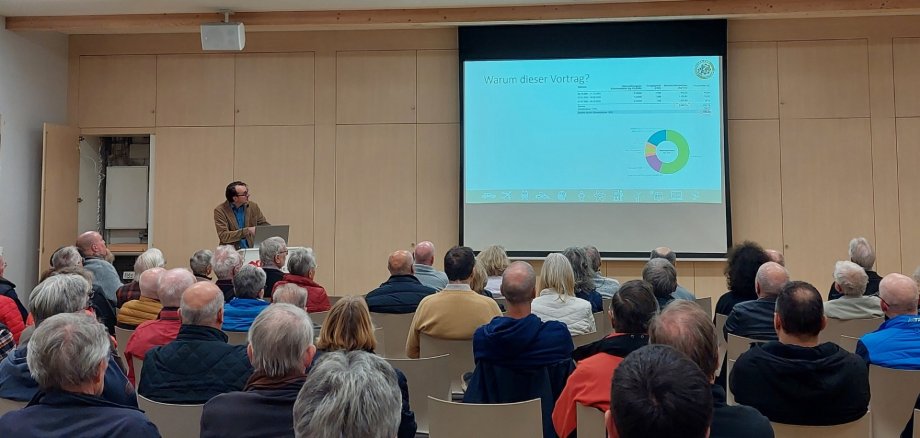 Mehrere Personen sitzend in einem Saal mit einer Leinwand ganz vorne