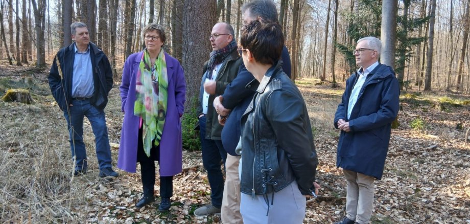 Sechs Personen im Wald stehend