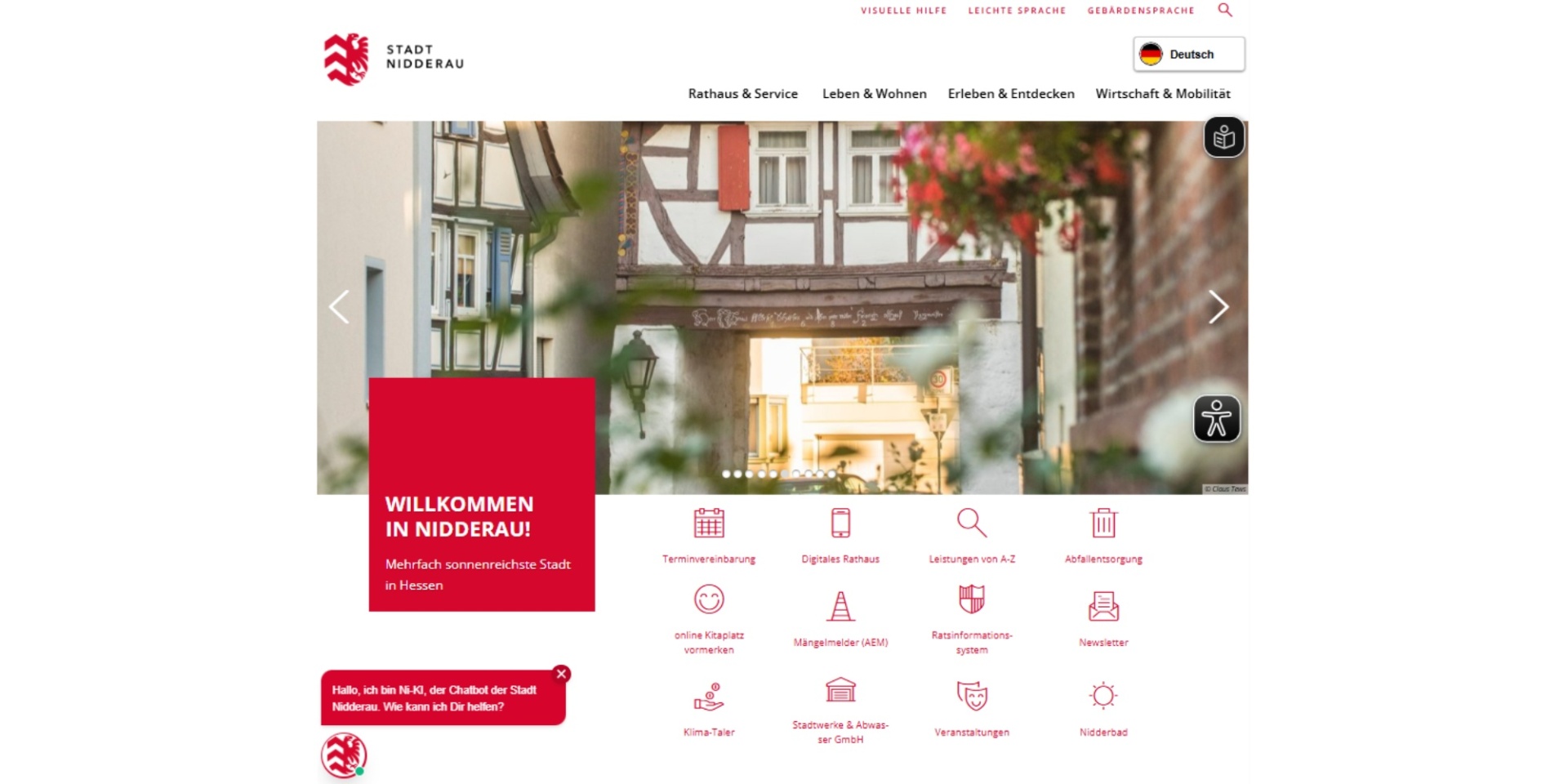 Ansicht einer Webseite mit Bildern, Texten und Icons