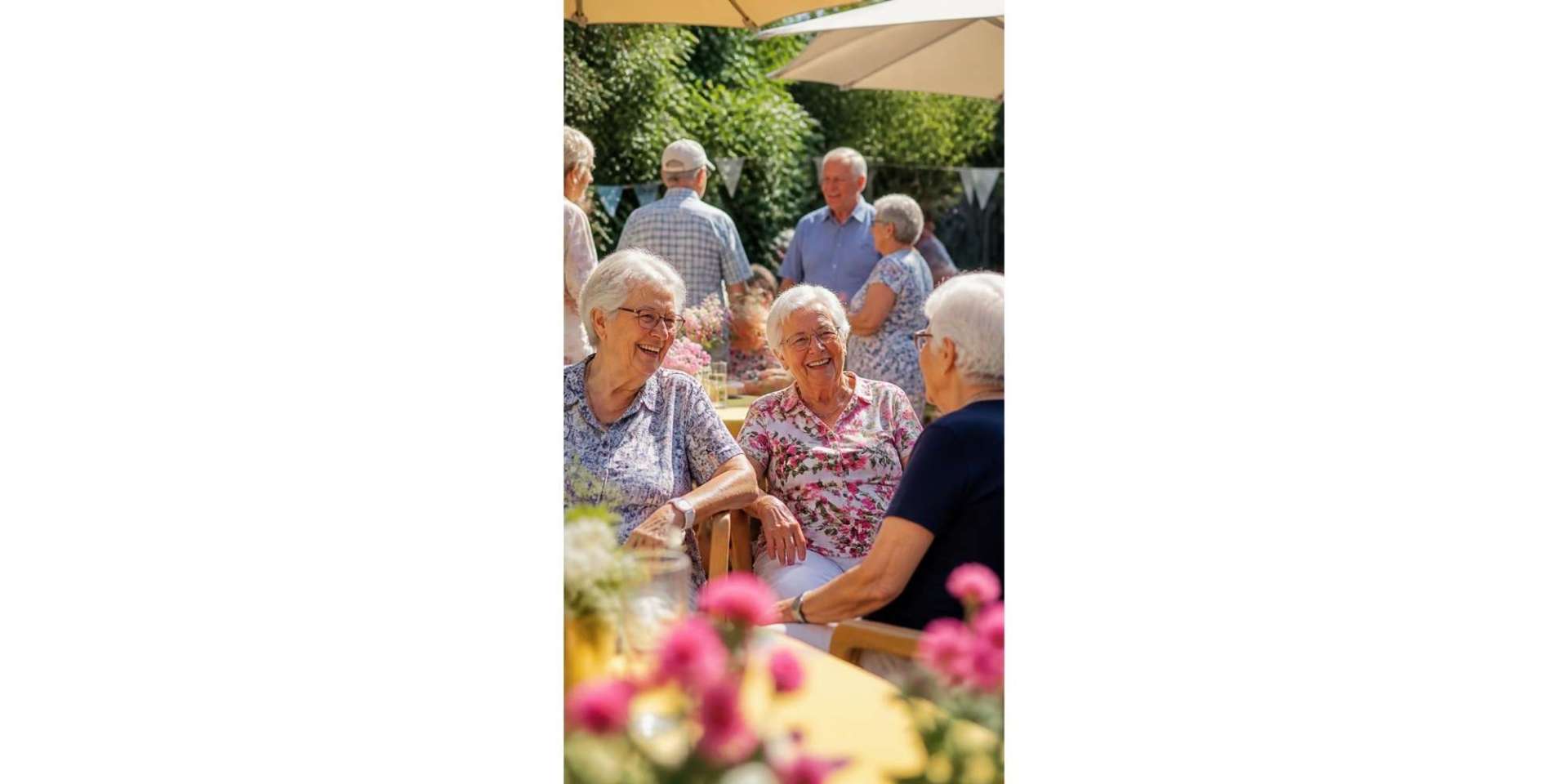 Seniorinnen sitzend und lachend auf einem Platz unter einem Sonnenschirm