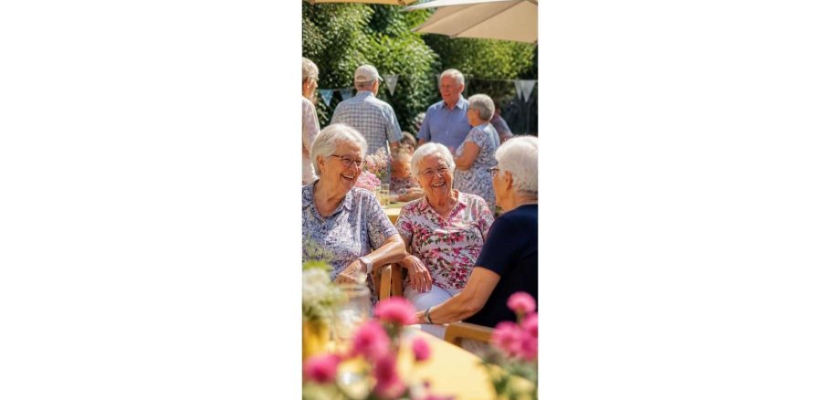 Seniorinnen sitzend und lachend auf einem Platz unter einem Sonnenschirm