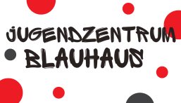 Schriftzug "Jugendzentrum Blauhaus" auf weißem Hintergrund mit roten Punkten