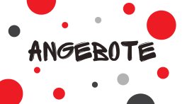 Schriftzug "Angebote" auf weißem Hintergrund mit grauen und roten Punkten