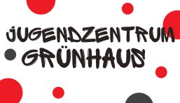 Schriftzug "Jugendzentrum Grünhaus" auf weißem Hintergrund mit roten Punkten