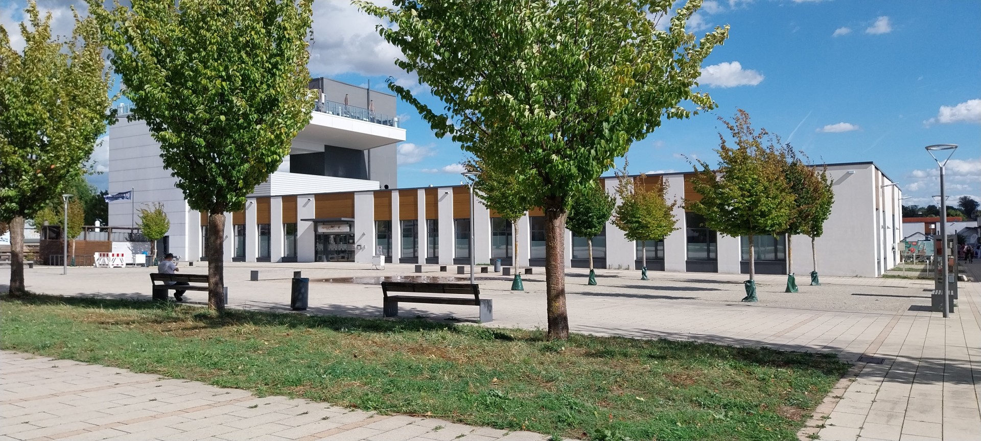 Ansicht Stadtplatz mit Bäumen und dahinter ein langgezogenes weißes Gebäude