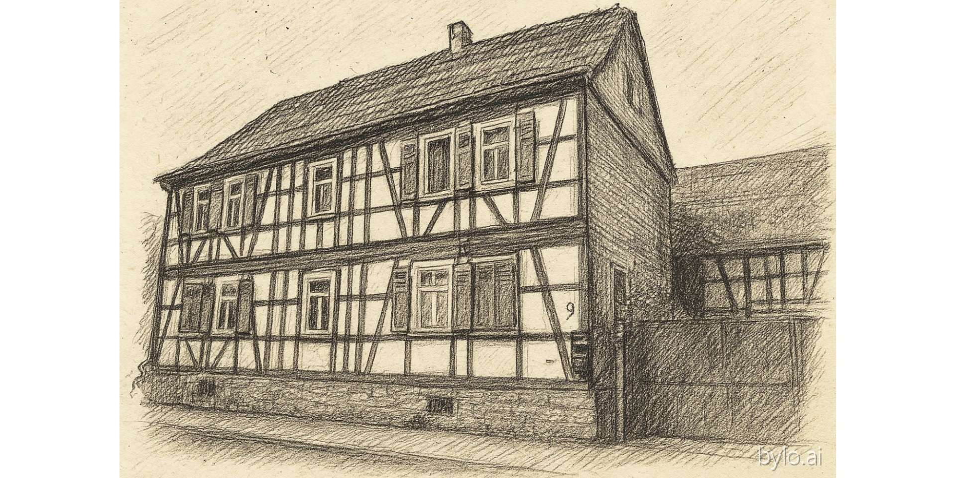 Zeichnung eines Fachwerkhauses