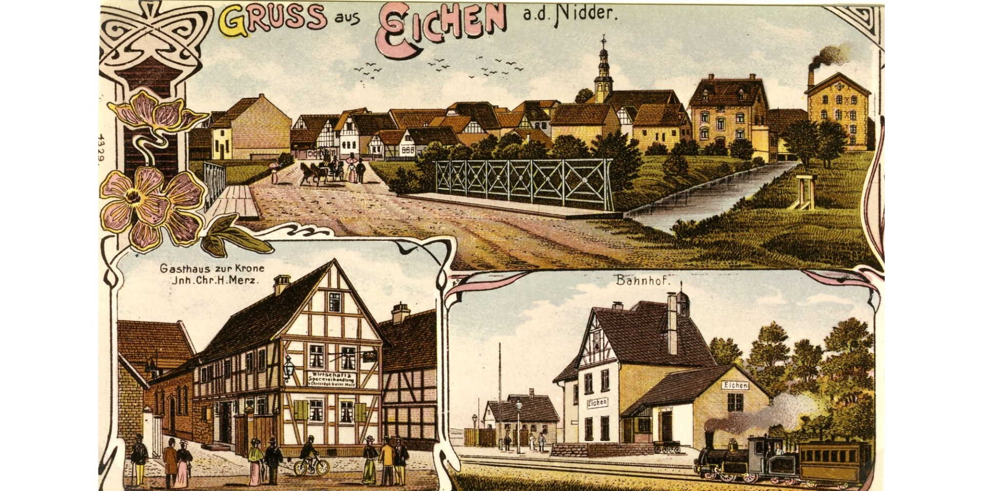 Alte Ansichtskarte mit der Darstellung eines Ortes und Fachwerkhäusern