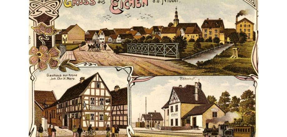 Alte Ansichtskarte mit der Darstellung eines Ortes und Fachwerkhäusern