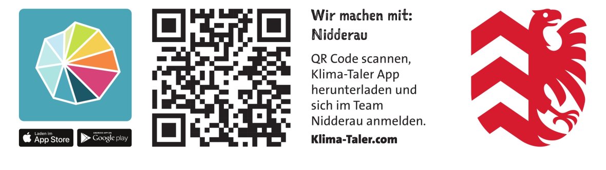 Logo Klima-Taler-App mit App-Store Logos, QR-Code zum App-Store + textlicher Hinweis zum QR-Code und Stadtlogo Nidderau