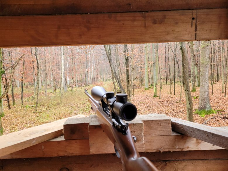 Gewehr im Anschlag auf einem Hochsitz im Wald
