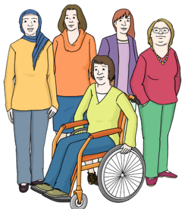 Gruppe von Frauen stehend, vorne eine Frau im Rollstuhl