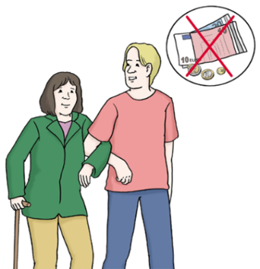 Ältere Frau wird beim Laufen unterstützt von einem jungen Mann