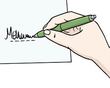 Hand hält Stift mit Unterschrift auf Papier 
