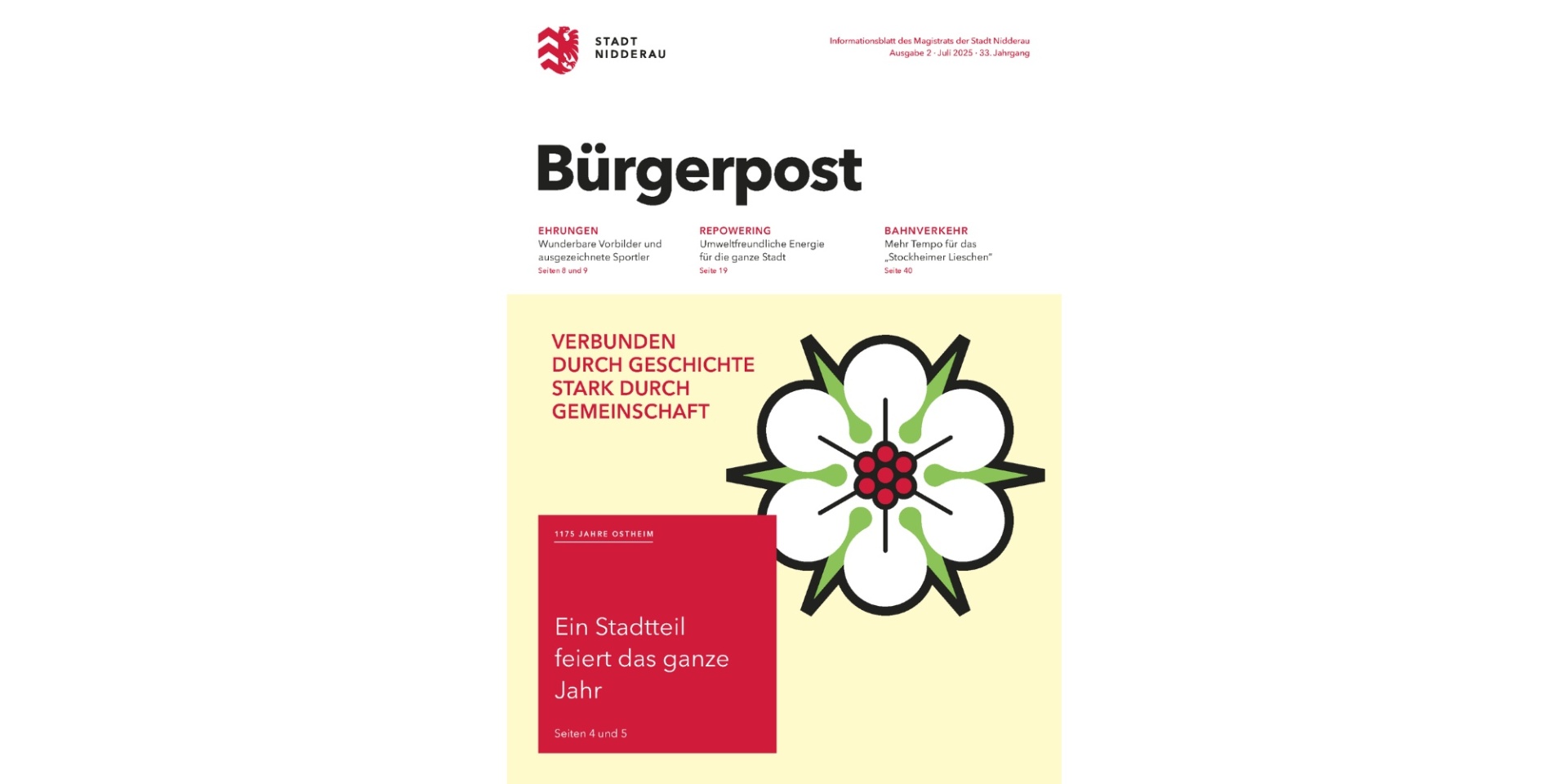 Titelbild der Bürgerpost Ausgabe 2-2025 (Stadtteilwappen Ostheim als Blume) anlässlich der 1175-Jahr-Feier von Ostheim