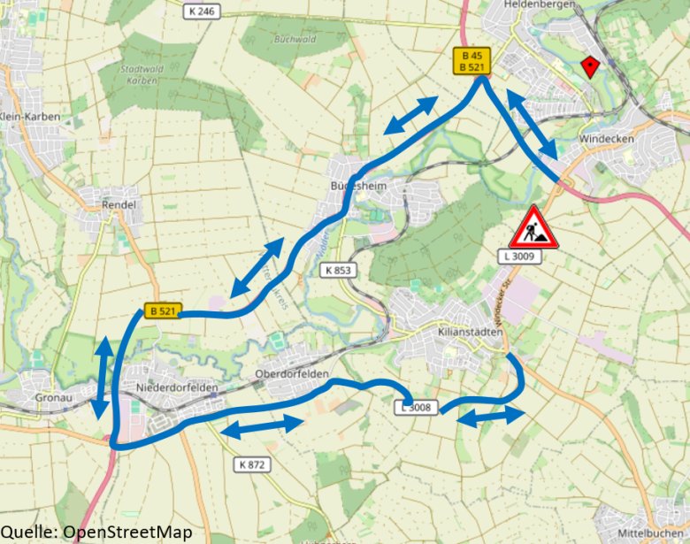 Landkartenausschnitt Nidderau und Schöneck mit der entsprechenden Umleitung