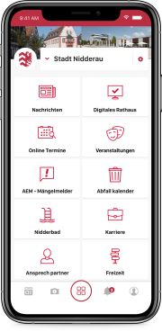 Smartphone mit geöffnetem Kachelmenü der Munipolis-App für Nidderau