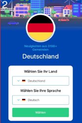 Screenshot der Munipolis App: Wählen Sie das Land und die Sprache